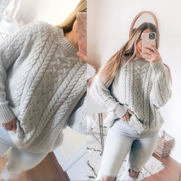 Aerie Chunky Cable Knit Fisherman Sweater Pullover Top Heavy Thick Gray Medium - Picture 1 of 10